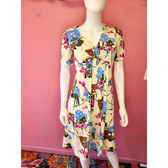 Size Medium Large | Vintage 1970's Buttercream Pink Blue Floral Babydoll Dress - Picture 9 of 10